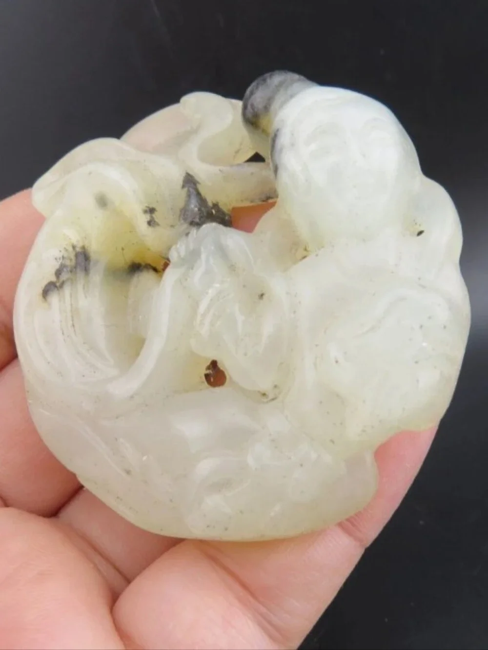 Rare Carved White Jade Fairy Pendant with Black Veining
